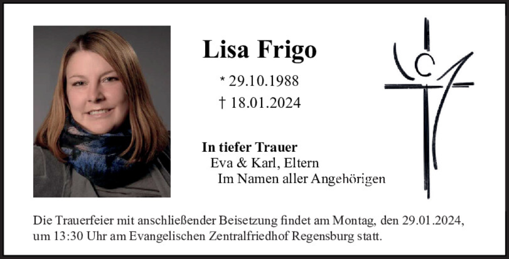  Traueranzeige für Lisa Frigo vom 27.01.2024 aus Mittelbayerische Zeitung Regensburg