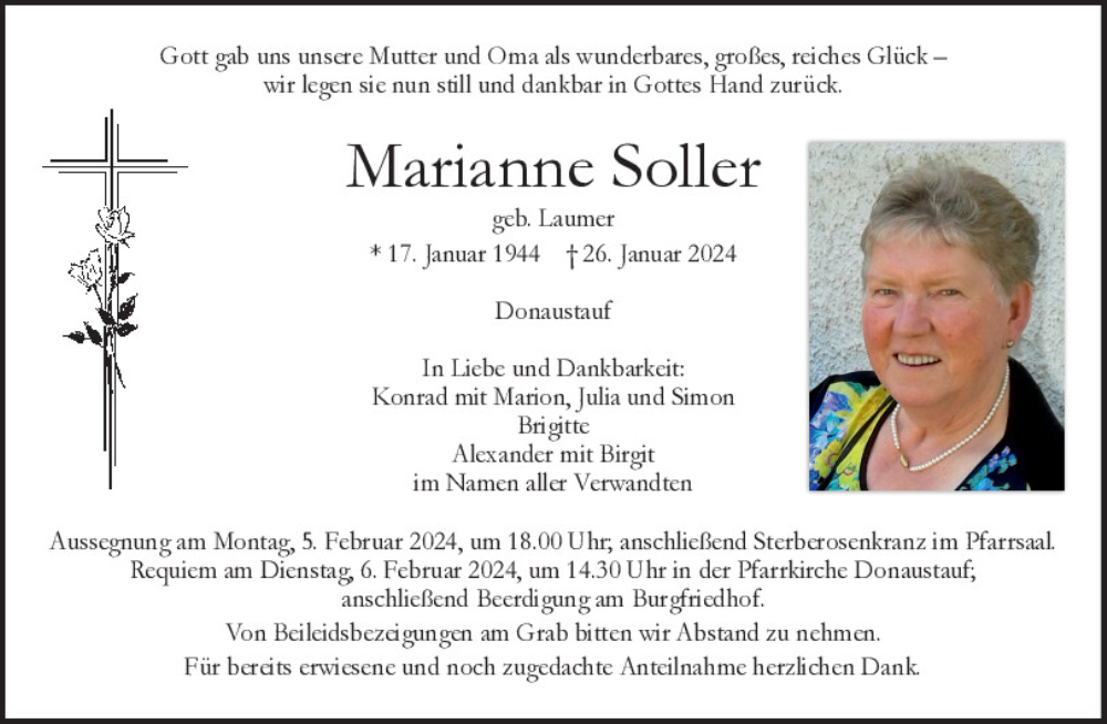  Traueranzeige für Marianne Soller vom 31.01.2024 aus Mittelbayerische Zeitung Regensburg