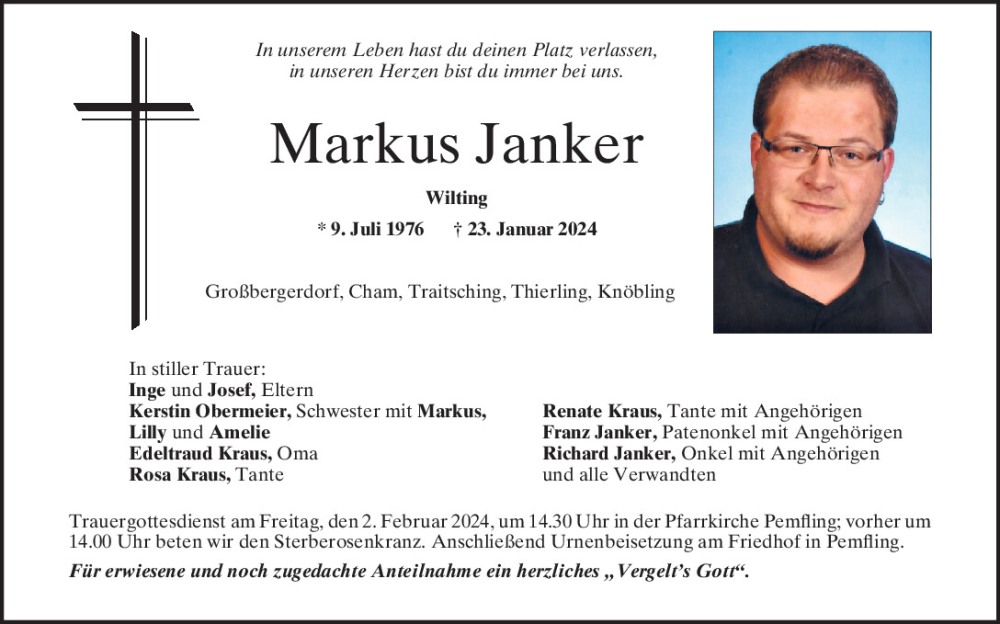  Traueranzeige für Markus Janker vom 31.01.2024 aus Bayerwald Echo