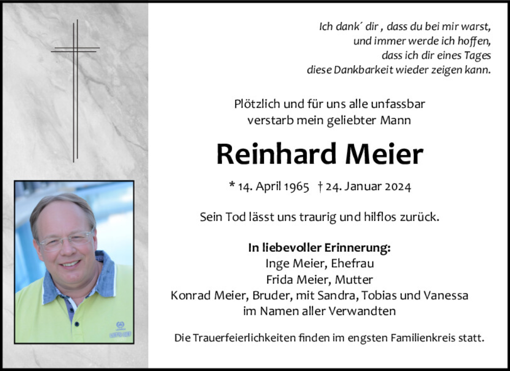  Traueranzeige für Reinhard Meier vom 27.01.2024 aus Neumarkter Tagblatt