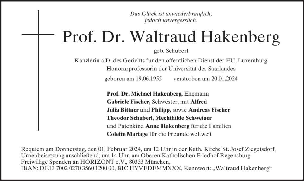  Traueranzeige für Waltraud Hakenberg vom 27.01.2024 aus Mittelbayerische Zeitung Kelheim