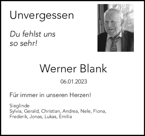 Traueranzeige von Werner Blank von Neumarkter Tagblatt
