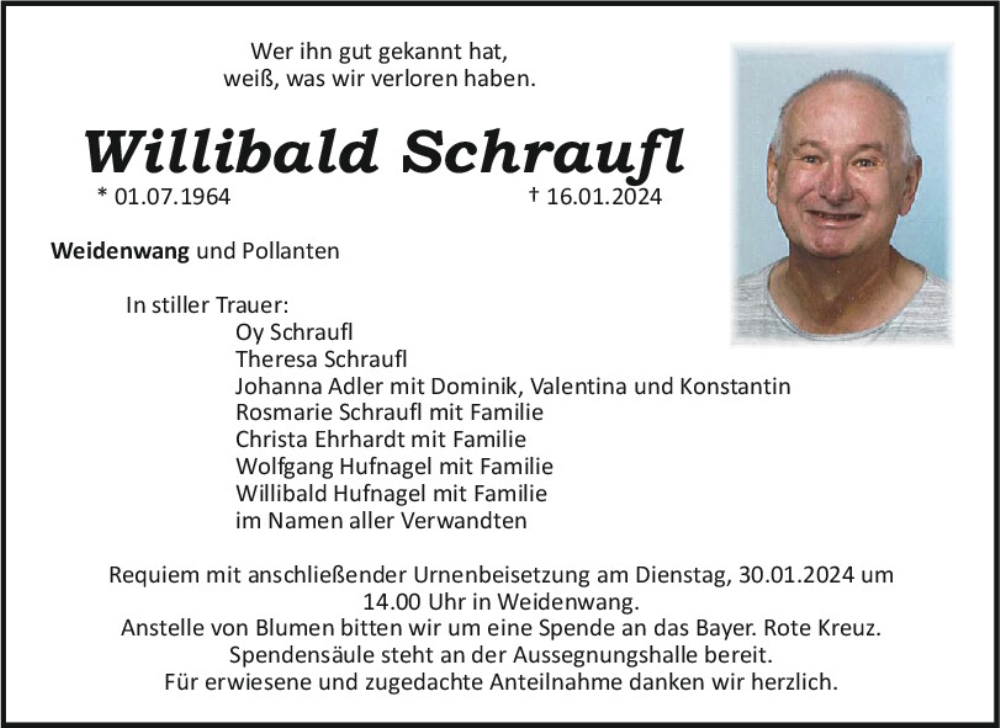  Traueranzeige für Willibald Schraufl vom 27.01.2024 aus Neumarkter Tagblatt