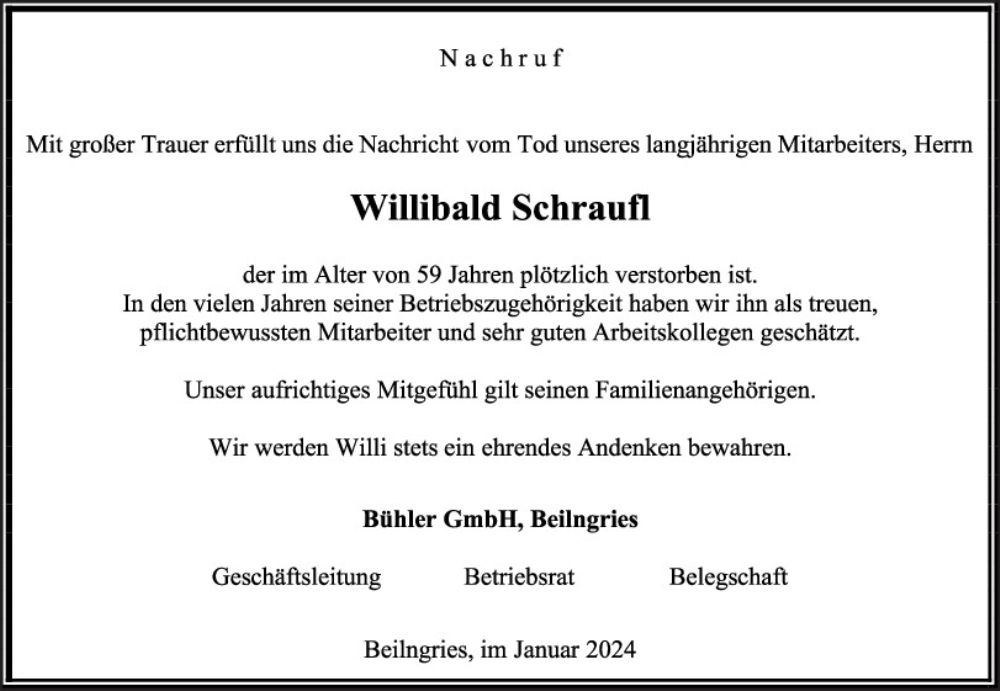  Traueranzeige für Willibald Schraufl vom 27.01.2024 aus Neumarkter Tagblatt