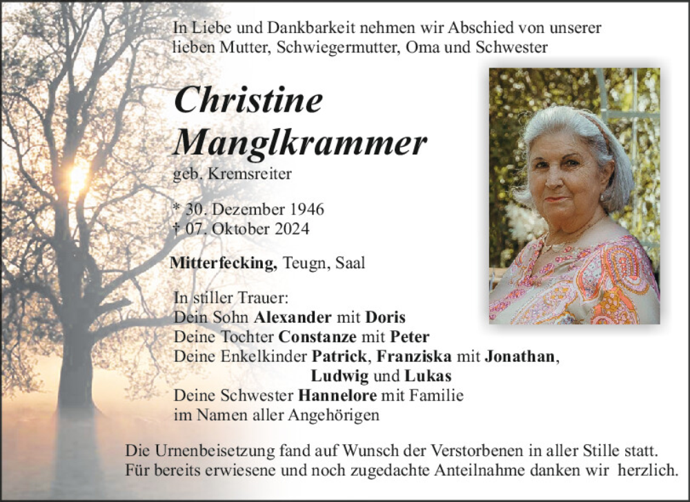  Traueranzeige für Christine Manglkrammer vom 26.10.2024 aus Mittelbayerische Zeitung Kelheim