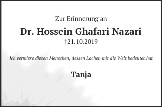 Traueranzeige von Hossein Ghafari Nazari von Mittelbayerische Zeitung Kelheim