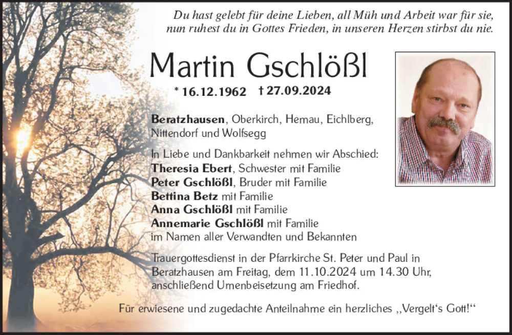  Traueranzeige für Martin Gschlößl vom 07.10.2024 aus Mittelbayerische Zeitung Regensburg