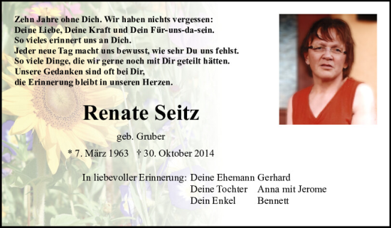Traueranzeige von Renate Seitz von Neumarkter Tagblatt