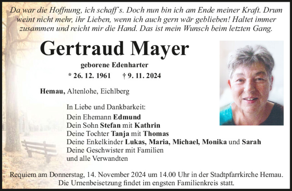  Traueranzeige für Gertraud Mayer vom 13.11.2024 aus Mittelbayerische Zeitung Regensburg