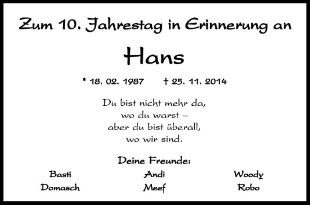  Traueranzeige für Hans  vom 25.11.2024 aus Neumarkter Tagblatt