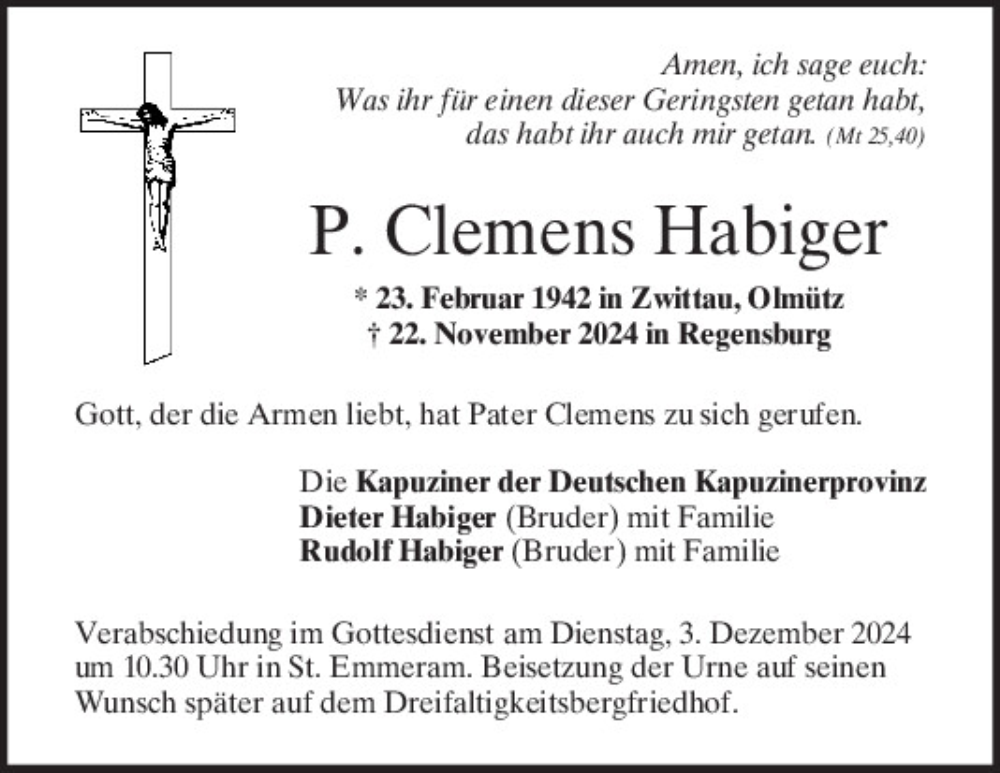  Traueranzeige für P. Clemens Habiger vom 27.11.2024 aus Mittelbayerische Zeitung Regensburg