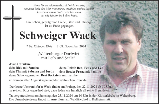 Traueranzeige von Schweiger Wack von Mittelbayerische Zeitung Kelheim