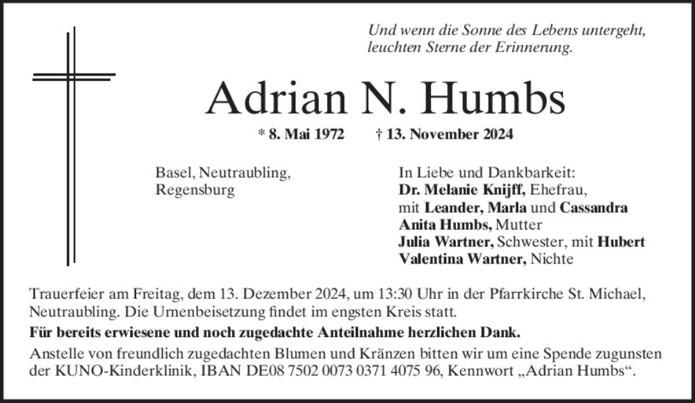  Traueranzeige für Adrian N. Humbs vom 07.12.2024 aus Mittelbayerische Zeitung Regensburg