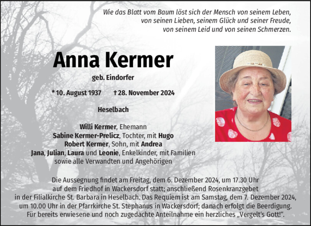  Traueranzeige für Anna Kermer vom 04.12.2024 aus Mittelbayerische Zeitung Schwandorf