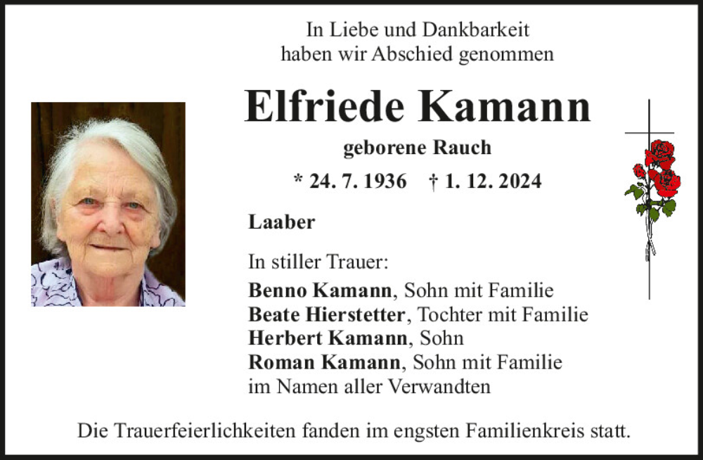  Traueranzeige für Elfriede Kamann vom 07.12.2024 aus Mittelbayerische Zeitung Regensburg