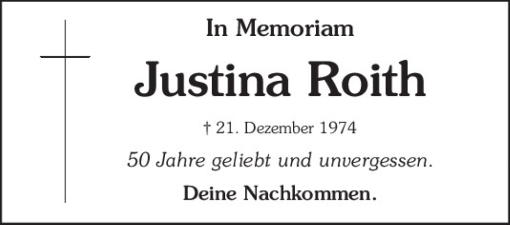  Traueranzeige für Justina Roith vom 21.12.2024 aus Bayerwald Echo