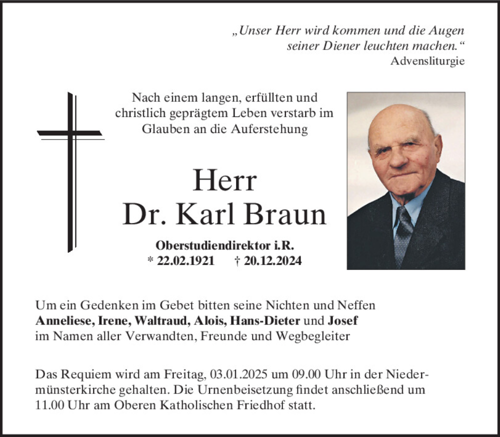  Traueranzeige für Karl Braun vom 28.12.2024 aus Mittelbayerische Zeitung Regensburg
