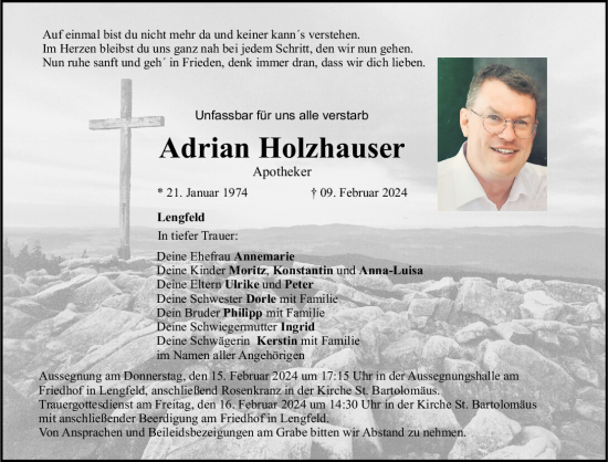 Traueranzeige von Adrian Holzhauser von Mittelbayerische Zeitung Regensburg
