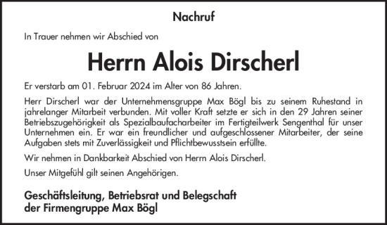Traueranzeige von Alois Dirscherl von Neumarkter Tagblatt