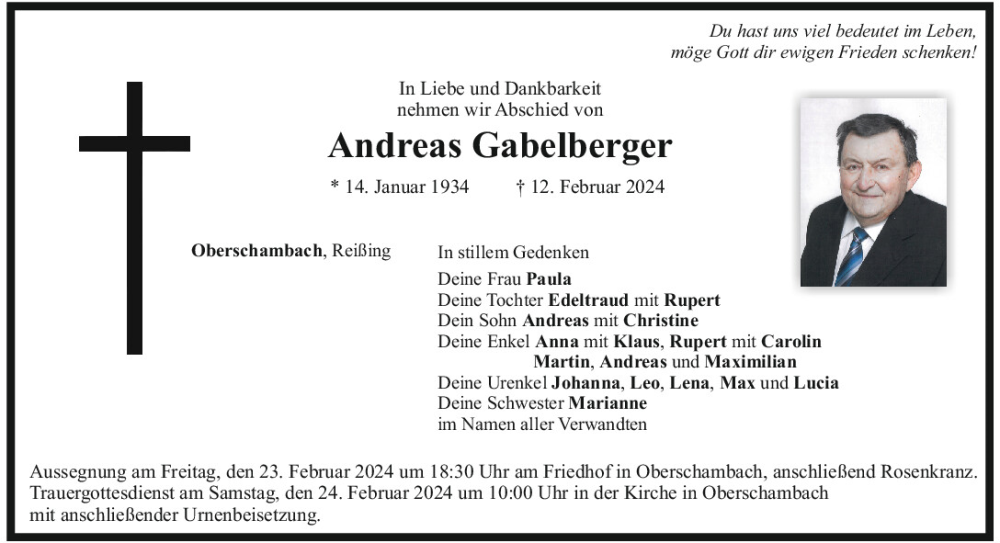  Traueranzeige für Andreas Gabelberger vom 21.02.2024 aus Mittelbayerische Zeitung Kelheim