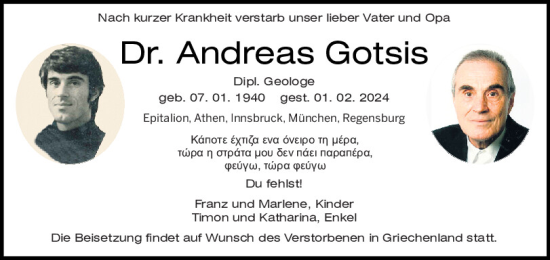 Traueranzeige von Andreas Gotsis von Mittelbayerische Zeitung Regensburg