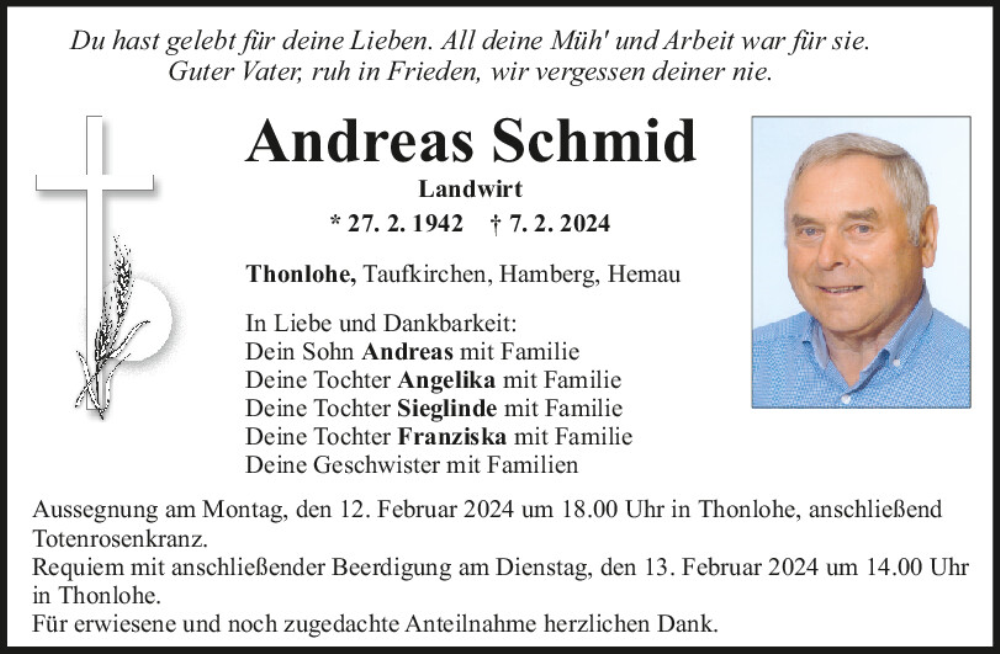  Traueranzeige für Andreas Schmid vom 10.02.2024 aus Mittelbayerische Zeitung Regensburg