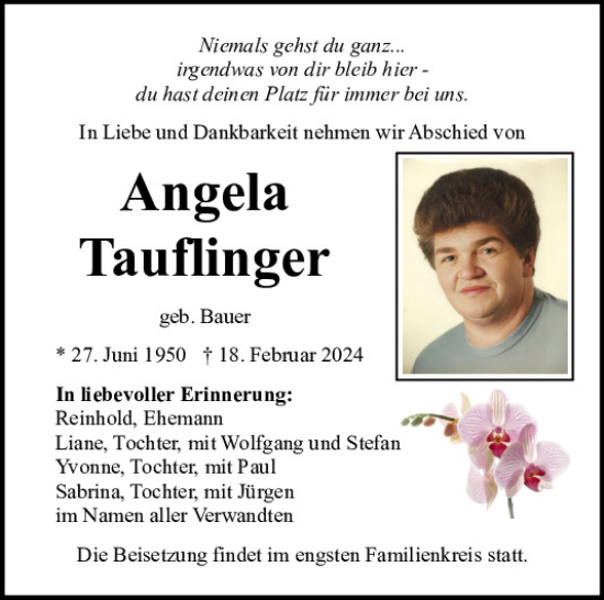 Traueranzeige von Angela Tauflinger von Neumarkter Tagblatt