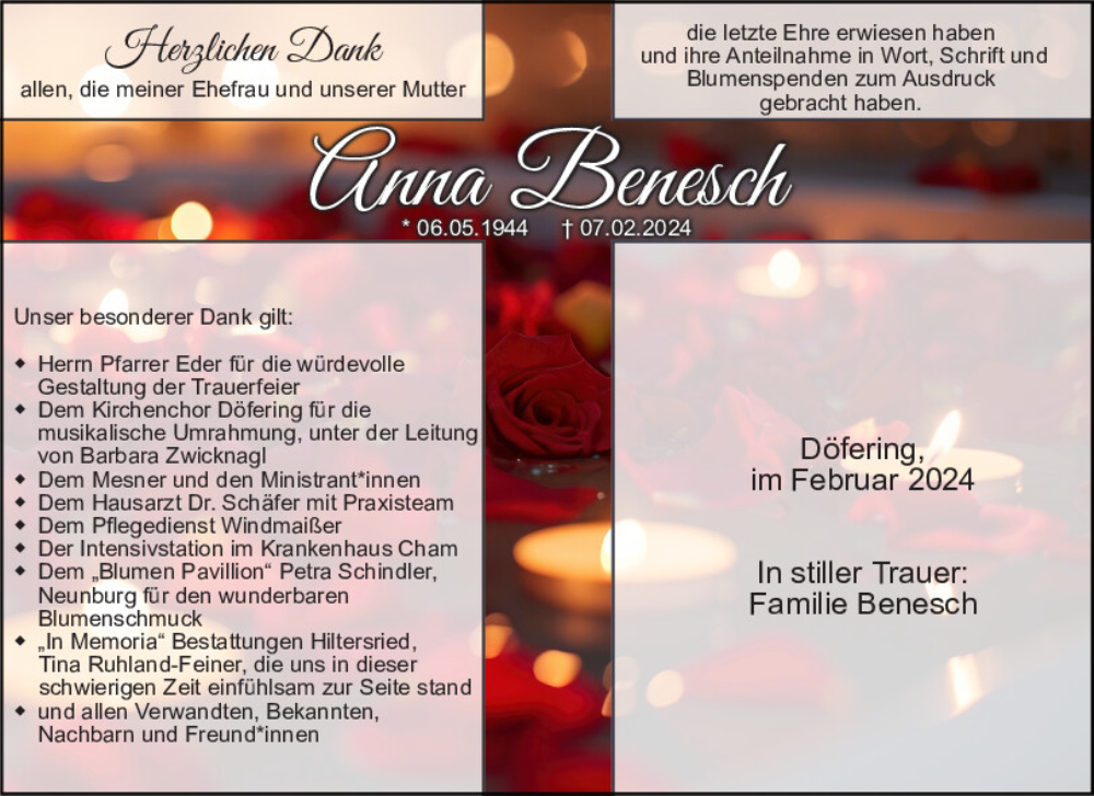  Traueranzeige für Anna Benesch vom 24.02.2024 aus Bayerwald Echo