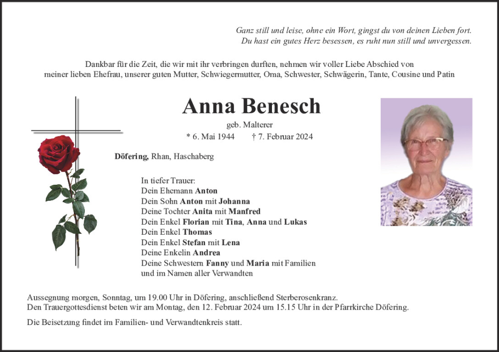  Traueranzeige für Anna Benesch vom 10.02.2024 aus Bayerwald Echo