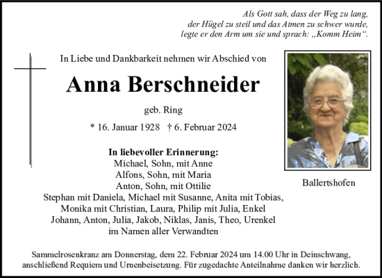 Traueranzeige von Anna Berschneider von Neumarkter Tagblatt