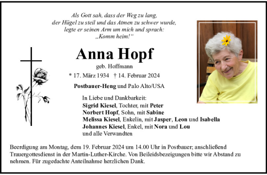 Traueranzeige von Anna Hopf von Neumarkter Tagblatt