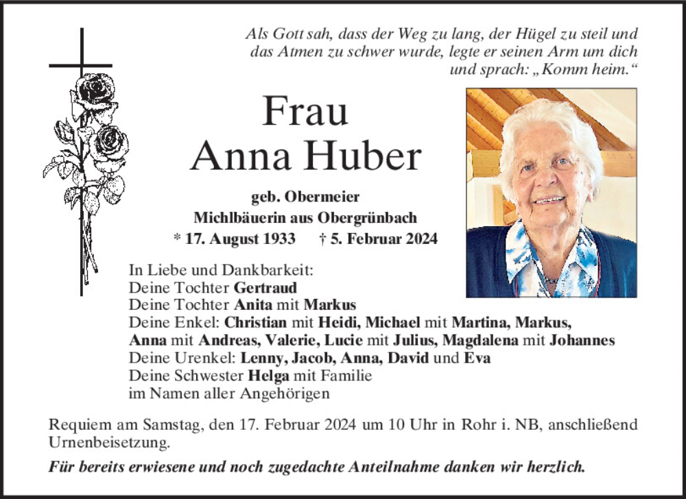  Traueranzeige für Anna Huber vom 14.02.2024 aus Mittelbayerische Zeitung Kelheim