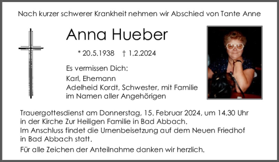 Traueranzeige von Anna Hueber von Mittelbayerische Zeitung Kelheim