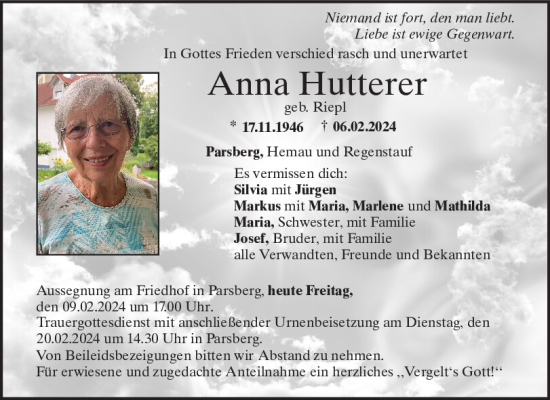 Traueranzeige von Anna Hutterer von Neumarkter Tagblatt