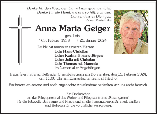Traueranzeigen von Anna Maria Geiger | Mittelbayerische Trauer