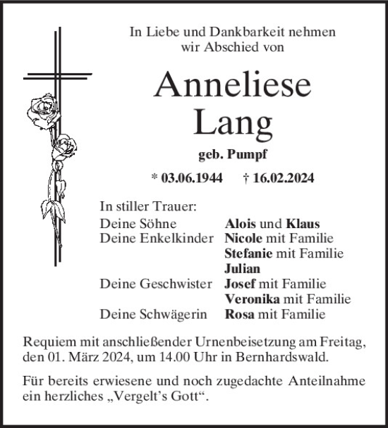 Traueranzeige von Anneliese Lang von Mittelbayerische Zeitung Regensburg