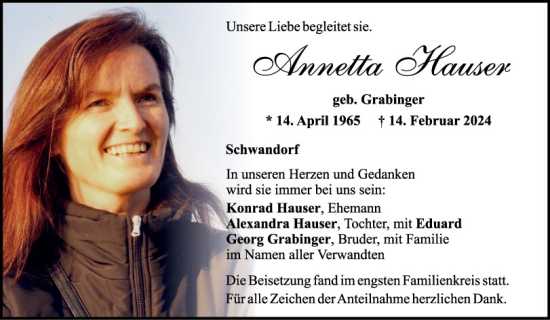 Traueranzeige von Annetta Hauser von Mittelbayerische Zeitung Schwandorf