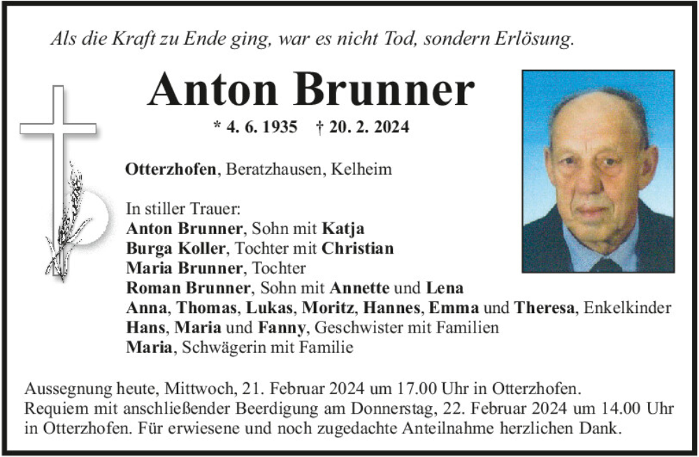  Traueranzeige für Anton Brunner vom 21.02.2024 aus Mittelbayerische Zeitung Regensburg