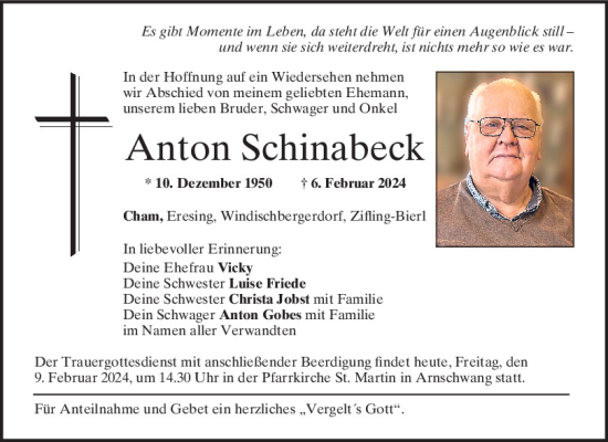 Traueranzeige von Anton Schinabeck von Bayerwald Echo
