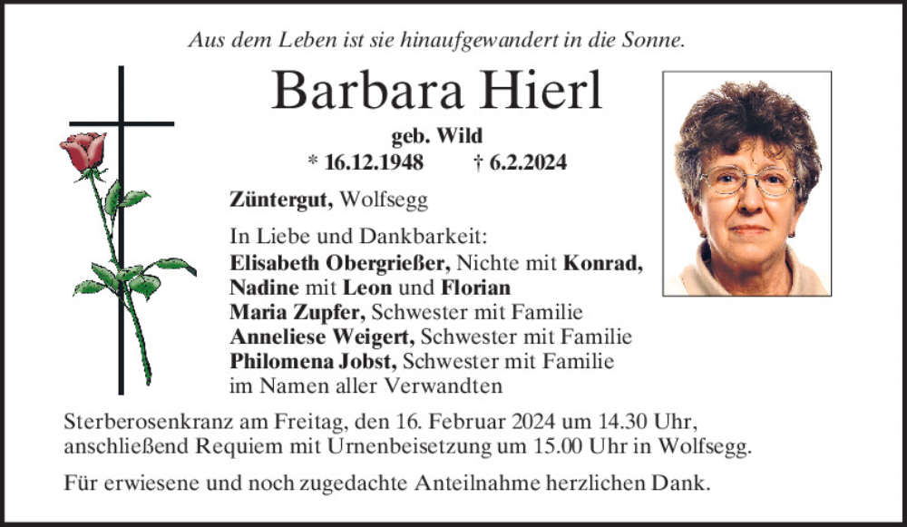  Traueranzeige für Barbara Hierl vom 10.02.2024 aus Mittelbayerische Zeitung Regensburg
