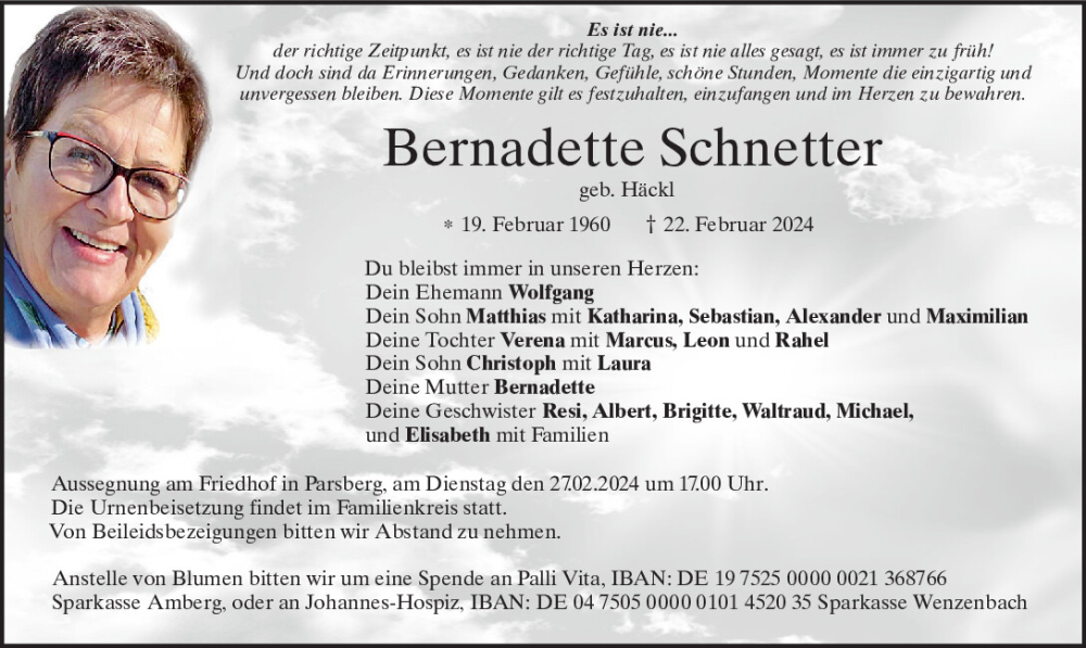  Traueranzeige für Bernadette Schnetter vom 24.02.2024 aus Neumarkter Tagblatt