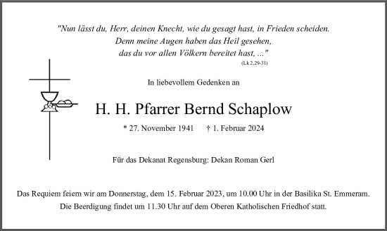 Traueranzeige von Bernd Schaplow von Mittelbayerische Zeitung Regensburg