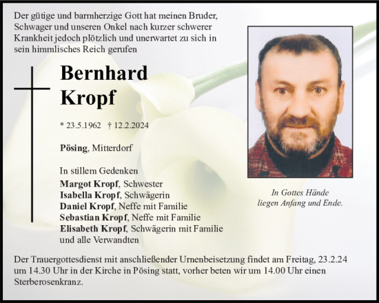 Traueranzeige von Bernhard Kropf von Bayerwald Echo