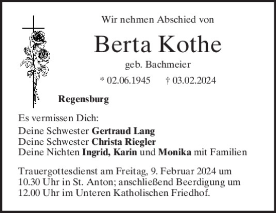 Traueranzeige von Berta Kothe von Mittelbayerische Zeitung Regensburg