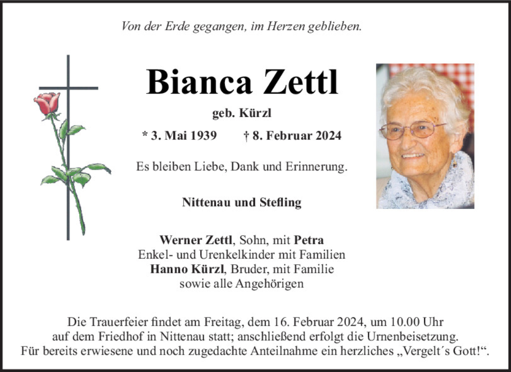  Traueranzeige für Bianca Zettl vom 13.02.2024 aus Mittelbayerische Zeitung Schwandorf