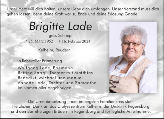 Traueranzeige von Brigitte Lade von Mittelbayerische Zeitung Kelheim