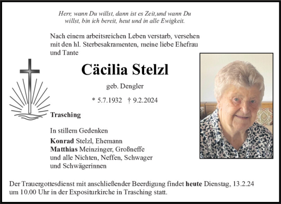 Traueranzeige von Cäcilia Stelzl von Bayerwald Echo