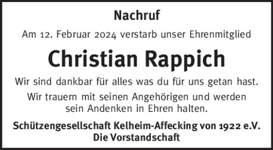 Traueranzeige von Christian Rappich von Mittelbayerische Zeitung Kelheim