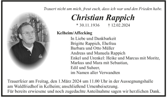 Traueranzeige von Christian Rappich von Mittelbayerische Zeitung Kelheim