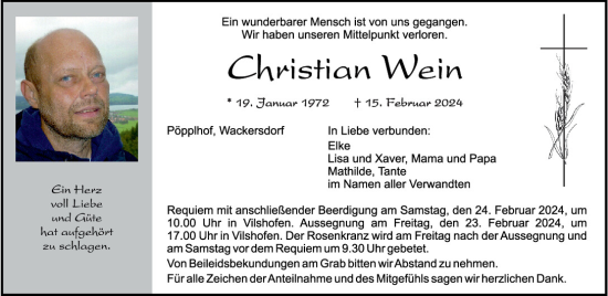 Traueranzeige von Christian Wein von Mittelbayerische Zeitung Schwandorf